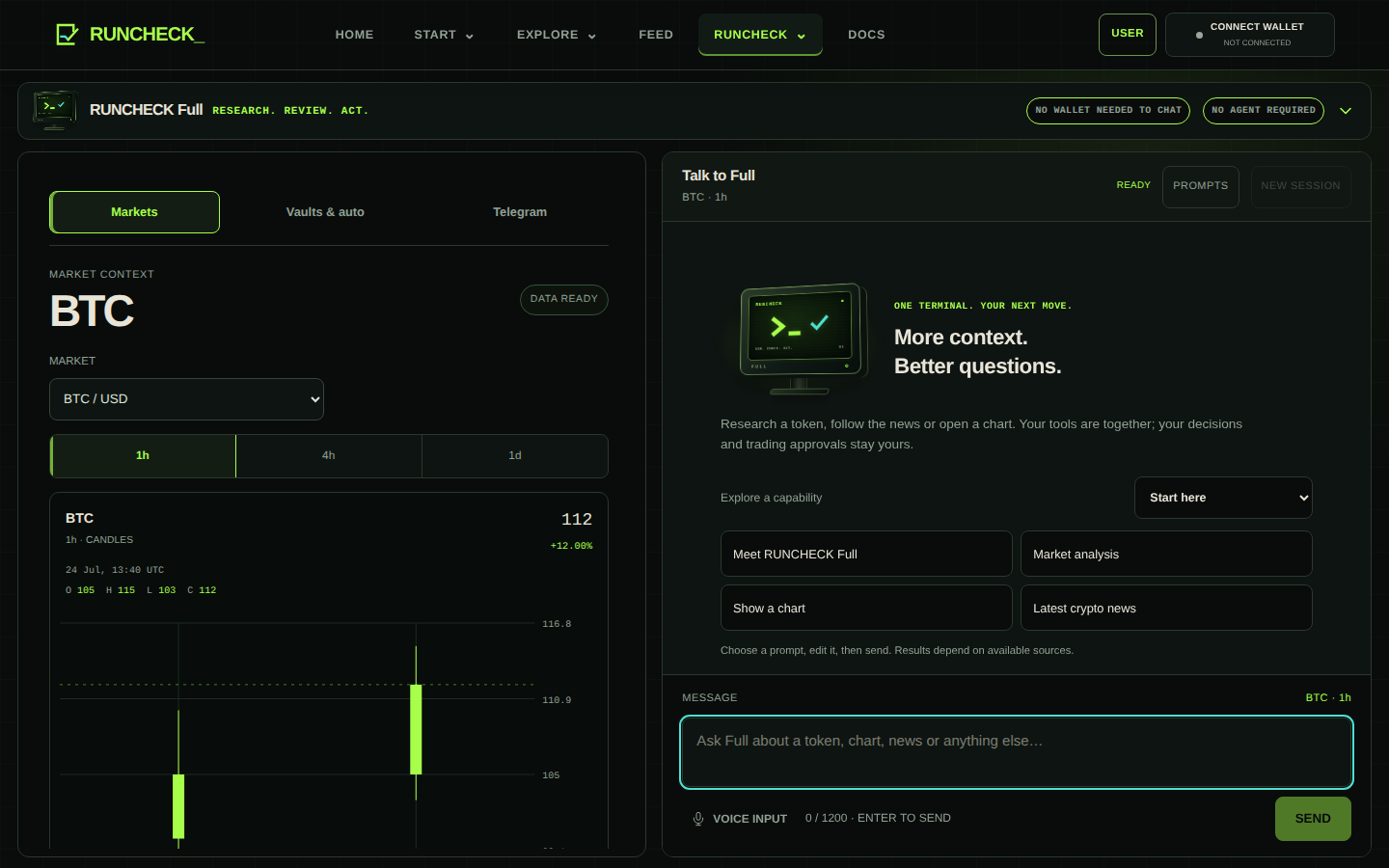RUNCHECK Full workspace with a market selector, timeframe controls, price chart and grounded conversation