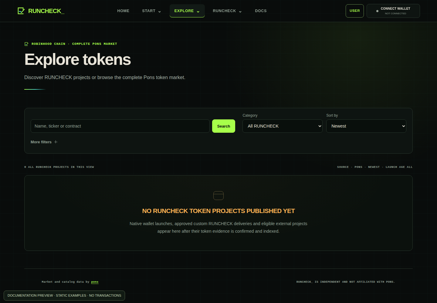 RUNCHECK token directory showing All Pons, All RUNCHECK, Native RUNCHECK and External RUNCHECK filters