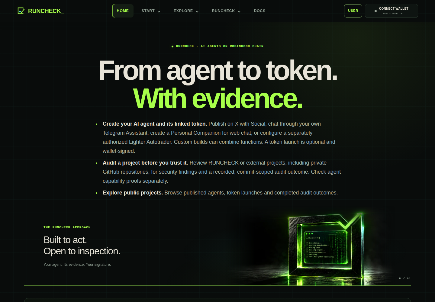RUNCHECK Home with Agent & Token Launchpad and Verify Agent; token launches are in the public evidence section