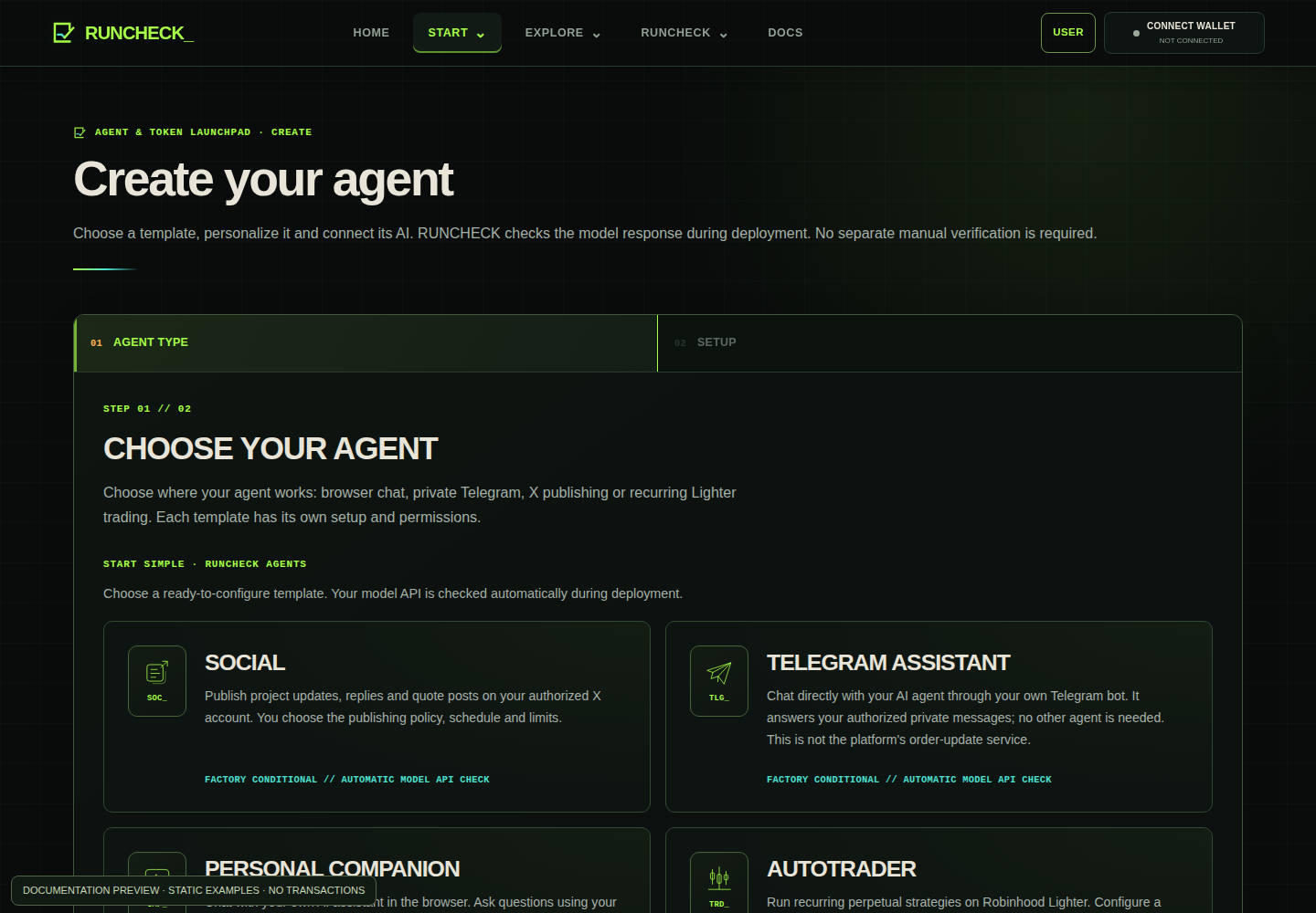 RUNCHECK Agent & Token Launchpad type stage with standard Companion, Telegram, Social X and Autotrader templates